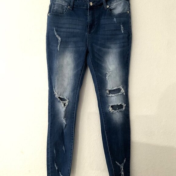 DISTRESSED FRAYED HEM BLUE JEANS - Picture 1 of 7